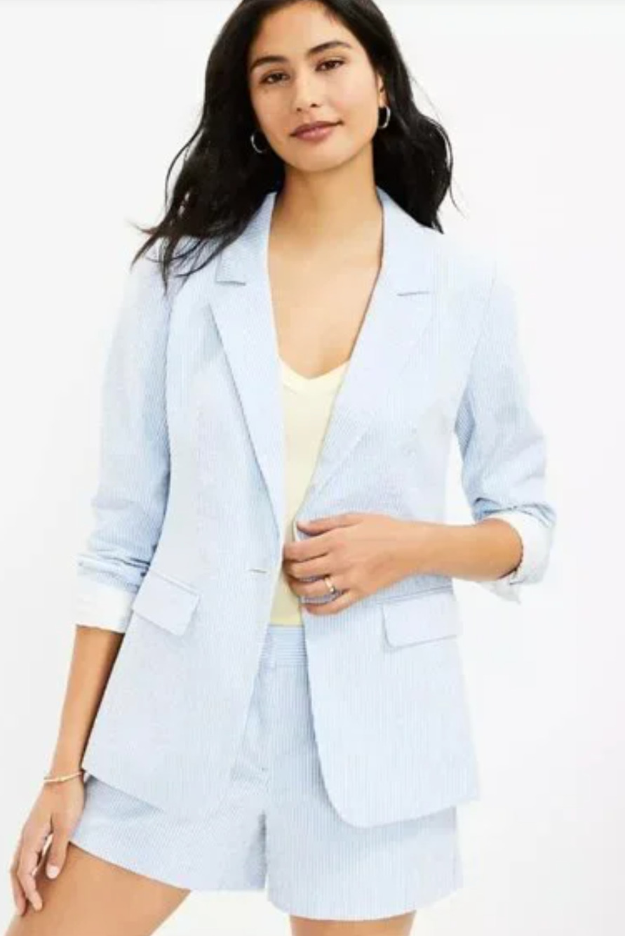 NEW ANN TAYLOR LOFT BLUE WHITE STRIPE SEERSUCKER MODERN BLAZER JACKET SIZE 0